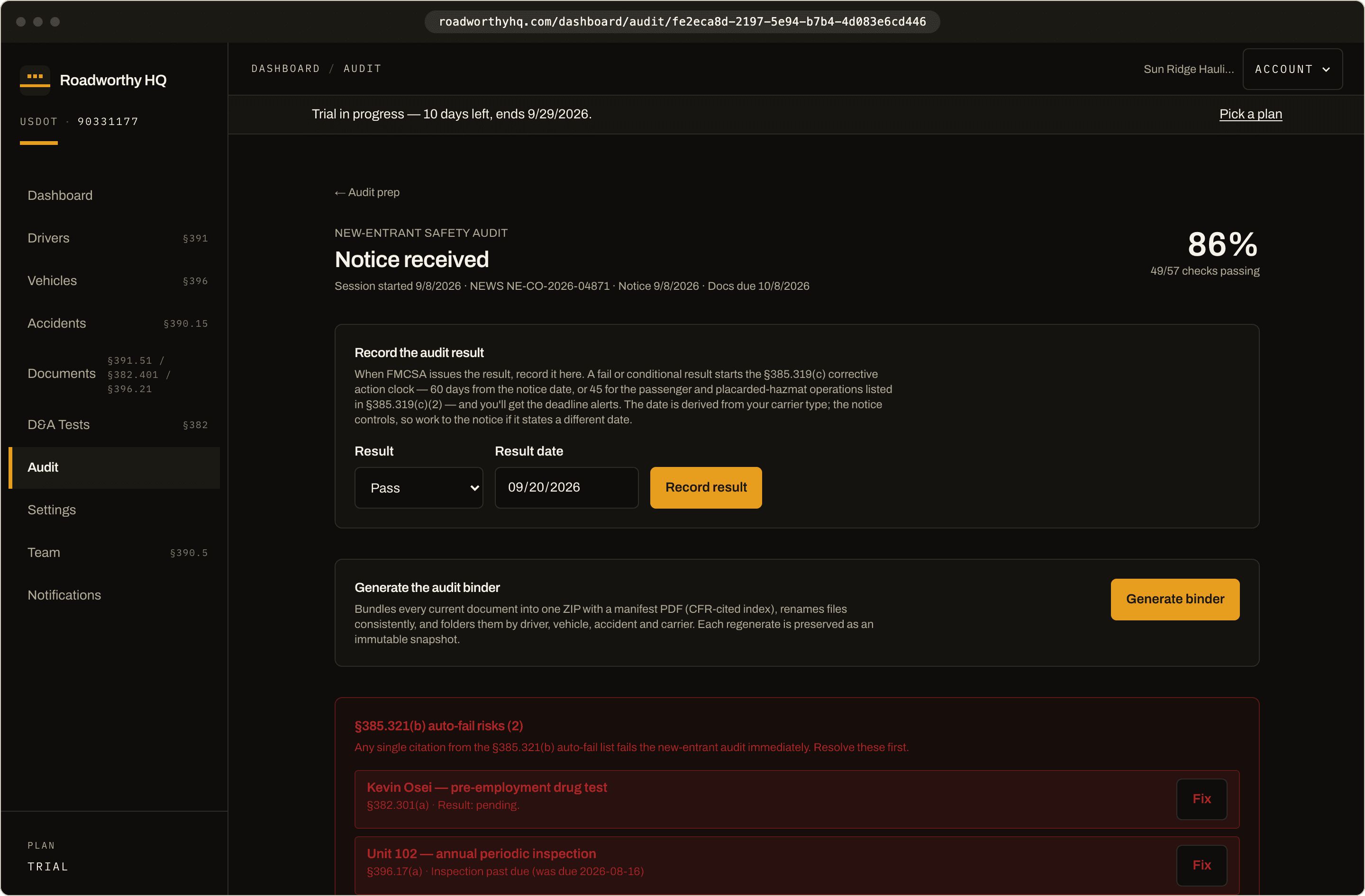 Audit prep workspace showing the readiness score, §385.321(b) auto-fail risks, and the binder generator.