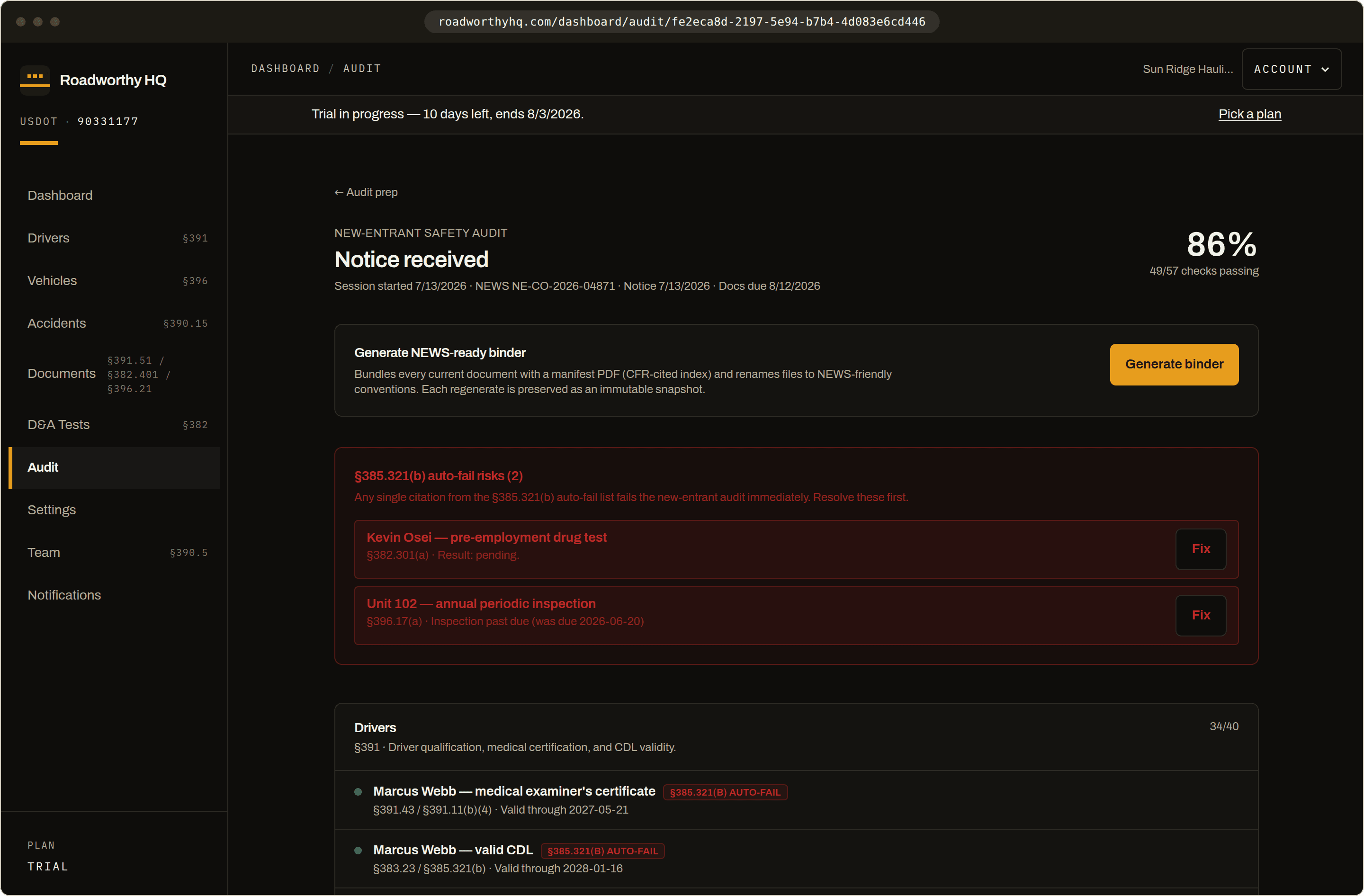 Audit prep workspace showing the readiness score, §385.321(b) auto-fail risks, and the NEWS-ready binder generator.