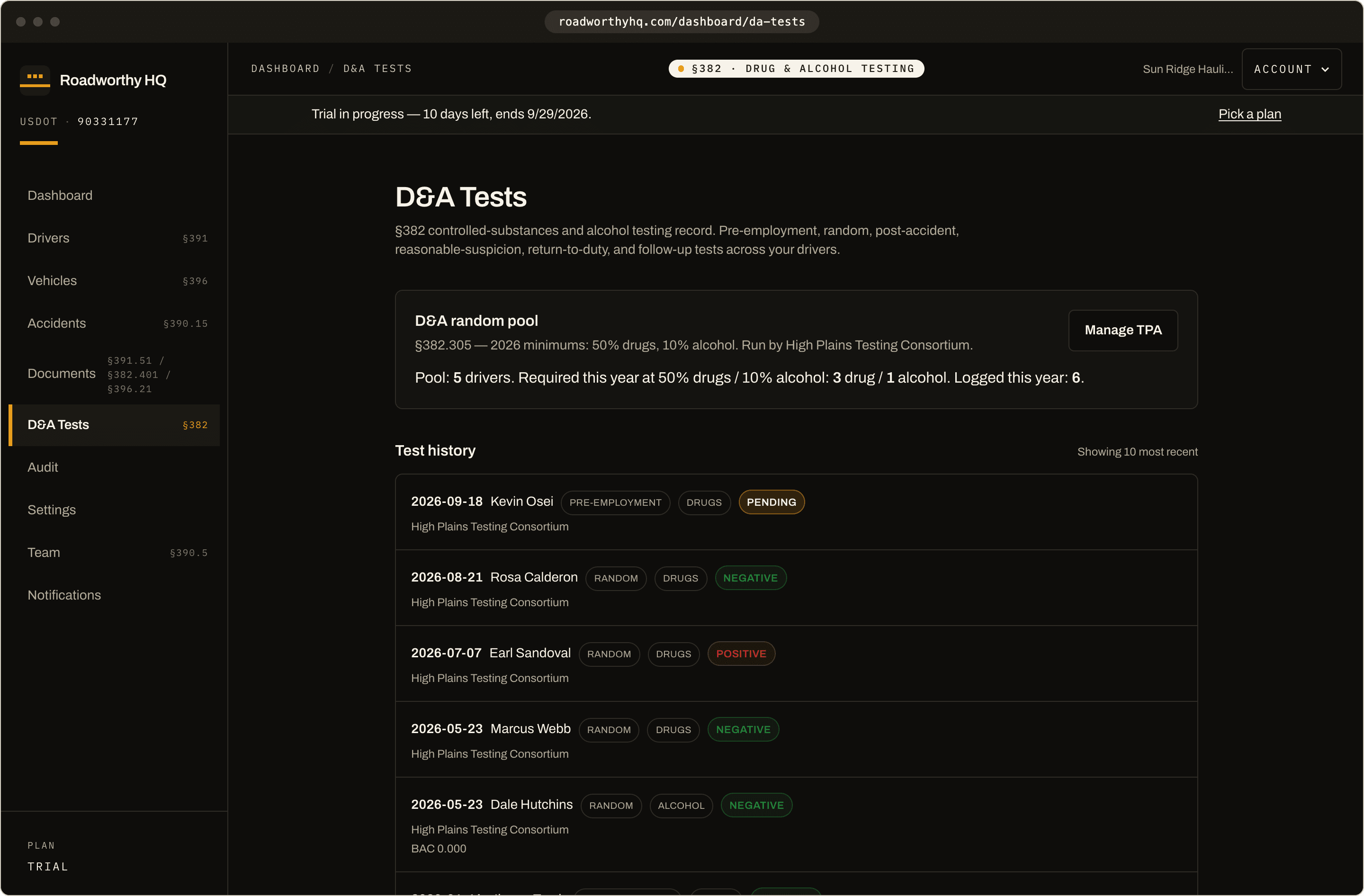 Drug & alcohol program page showing the active random pool, required annual test counts, and test history.