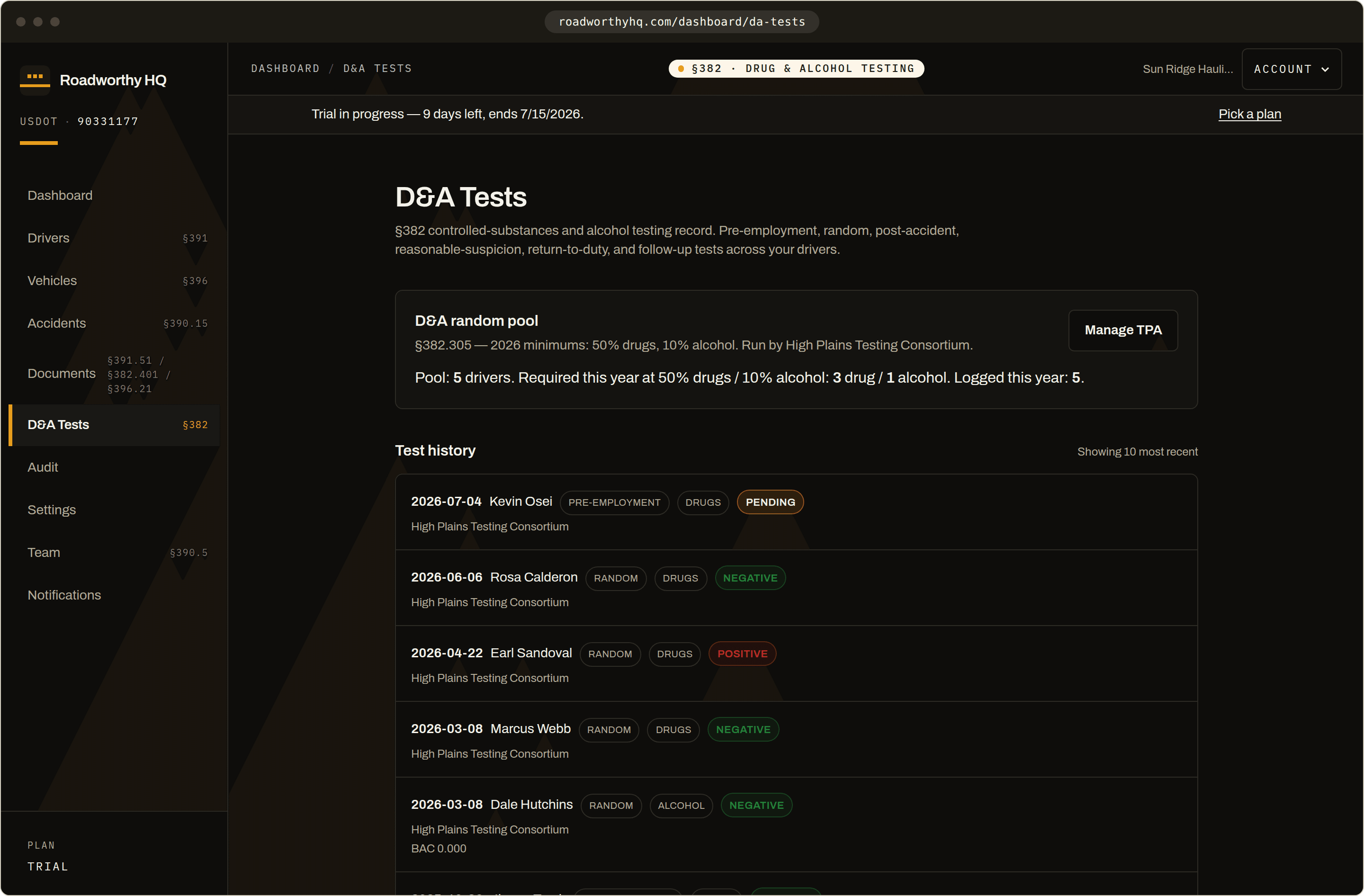 Drug & alcohol program page showing the active random pool, required annual test counts, and test history.