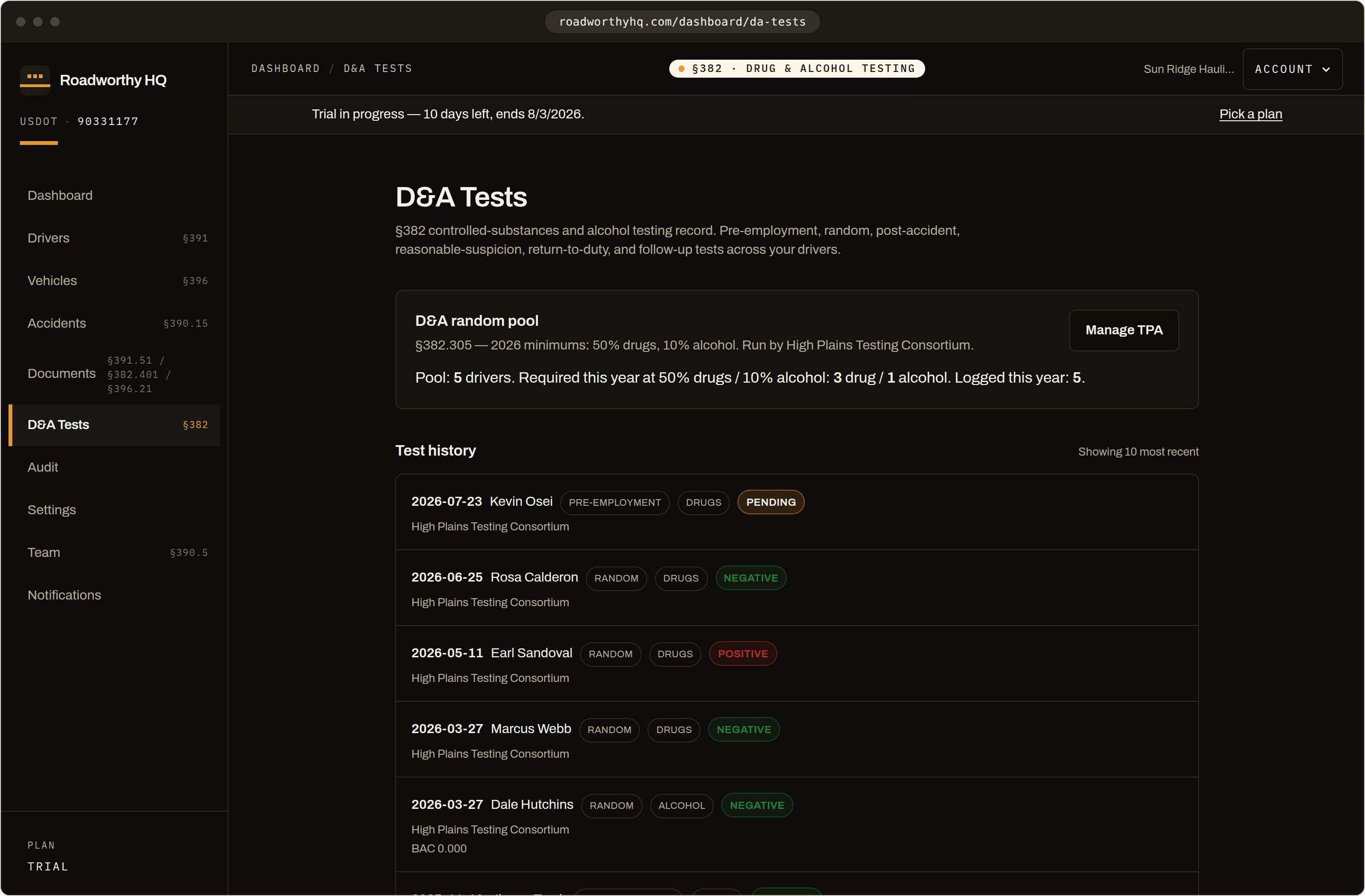 Drug & alcohol program page showing the active random pool, required annual test counts, and test history.