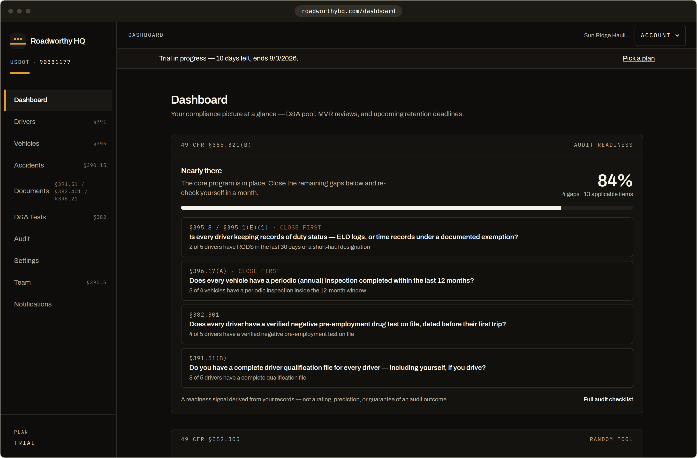 Roadworthy HQ dashboard showing the demo fleet's compliance overview: D&A random pool, MVR review status, and upcoming expirations, each tagged with its CFR citation.