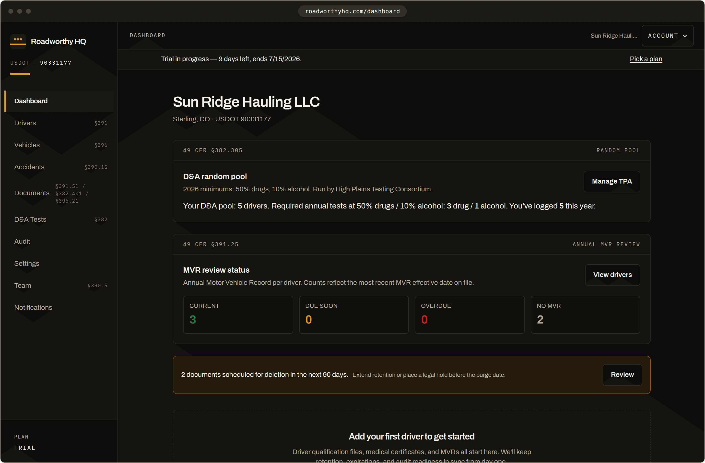 Roadworthy HQ dashboard showing the demo fleet's compliance overview: D&A random pool, MVR review status, and upcoming expirations, each tagged with its CFR citation.