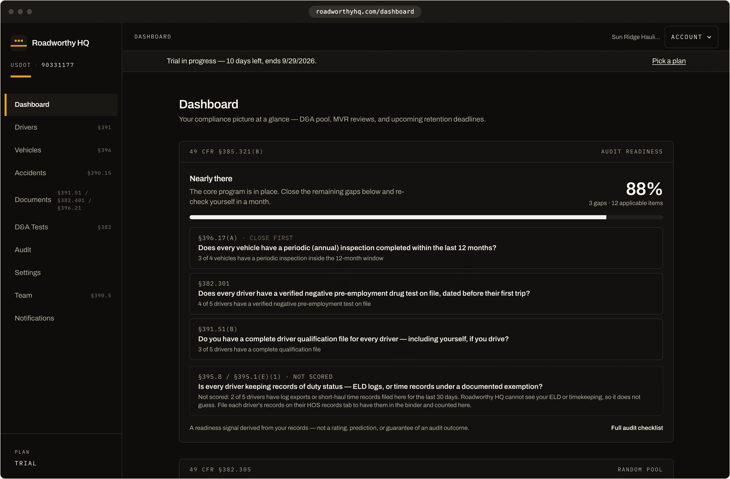 Roadworthy HQ dashboard showing the demo fleet's compliance overview: D&A random pool, MVR review status, and upcoming expirations, each tagged with its CFR citation.