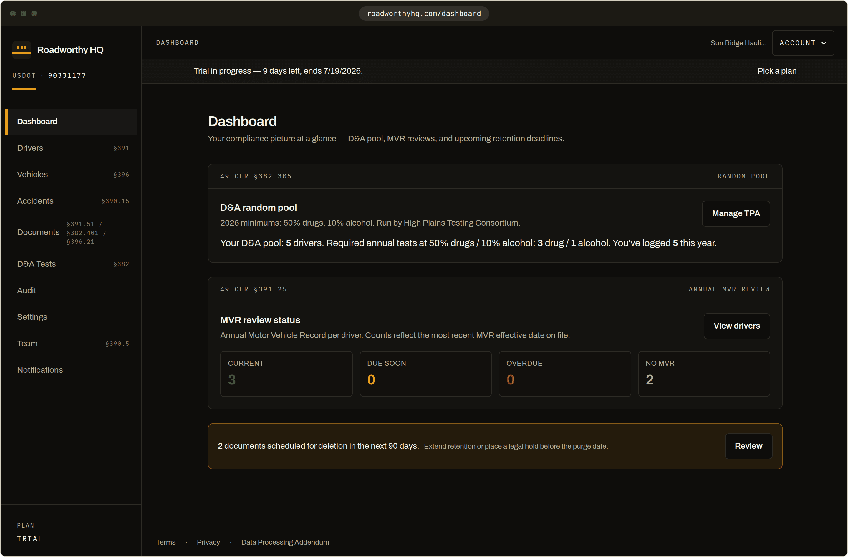 Roadworthy HQ dashboard showing the demo fleet: D&A random pool at the 2026 rates, MVR review status, and upcoming expirations, each tagged with its CFR citation.