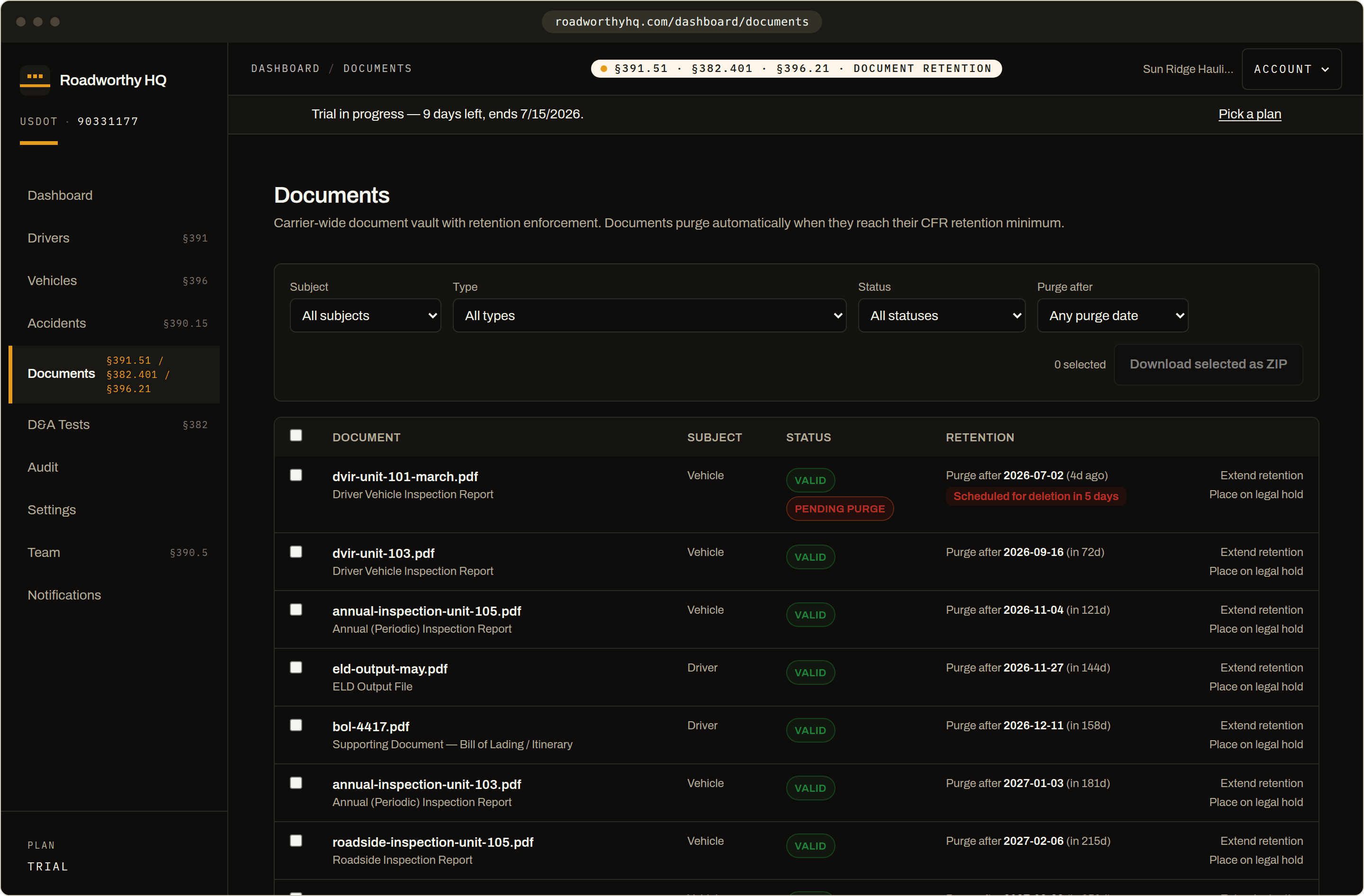 Document vault showing every file's status and purge date computed from its CFR retention window, including a DVIR in its seven-day purge grace window.