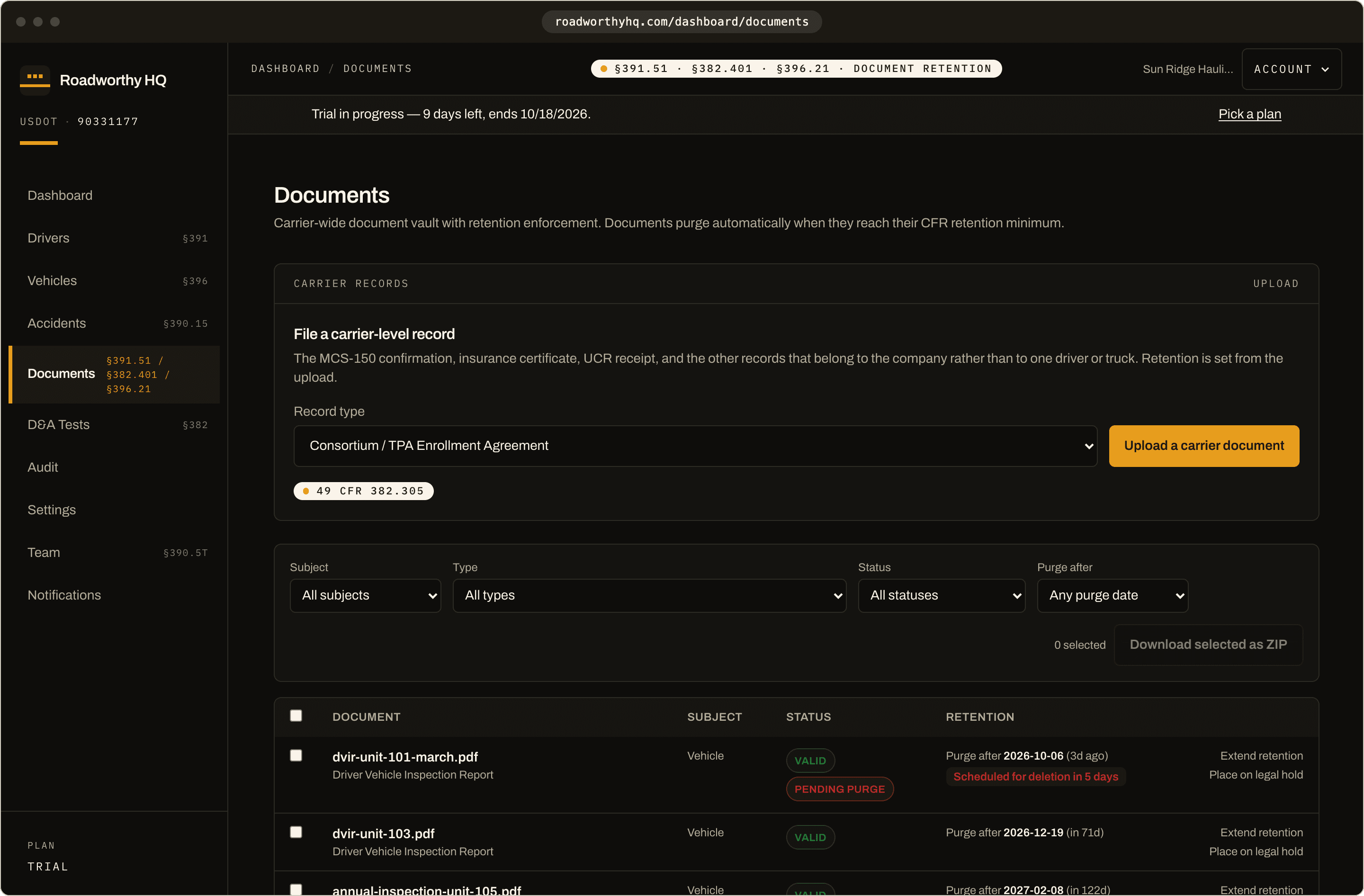 Roadworthy HQ document vault: every document carries a status and a purge date computed from its CFR retention window, with one-click extend and legal hold. A DVIR sits in its seven-day purge grace window.