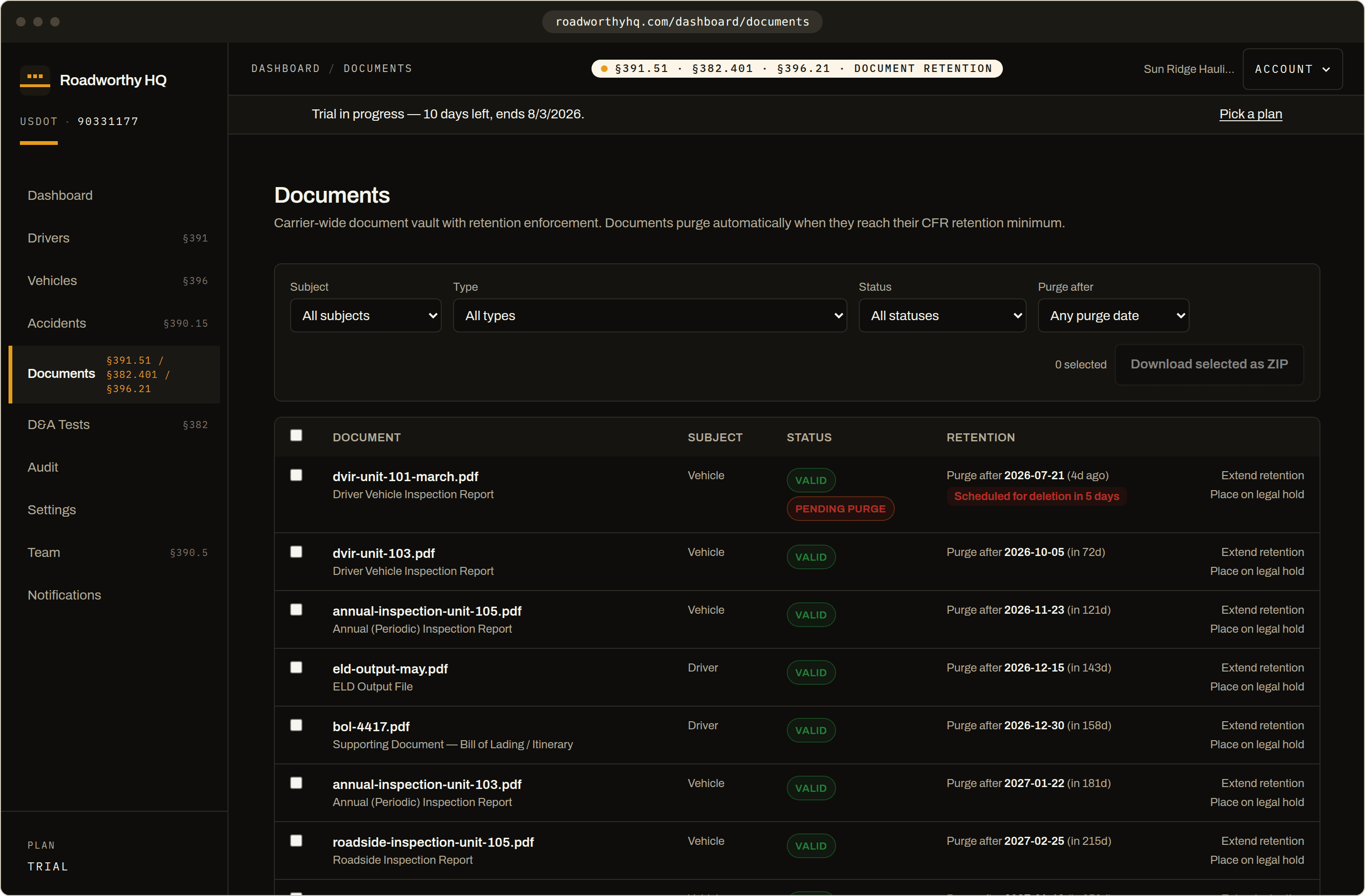 Document vault showing every file's status and purge date computed from its CFR retention window, including a DVIR in its seven-day purge grace window.
