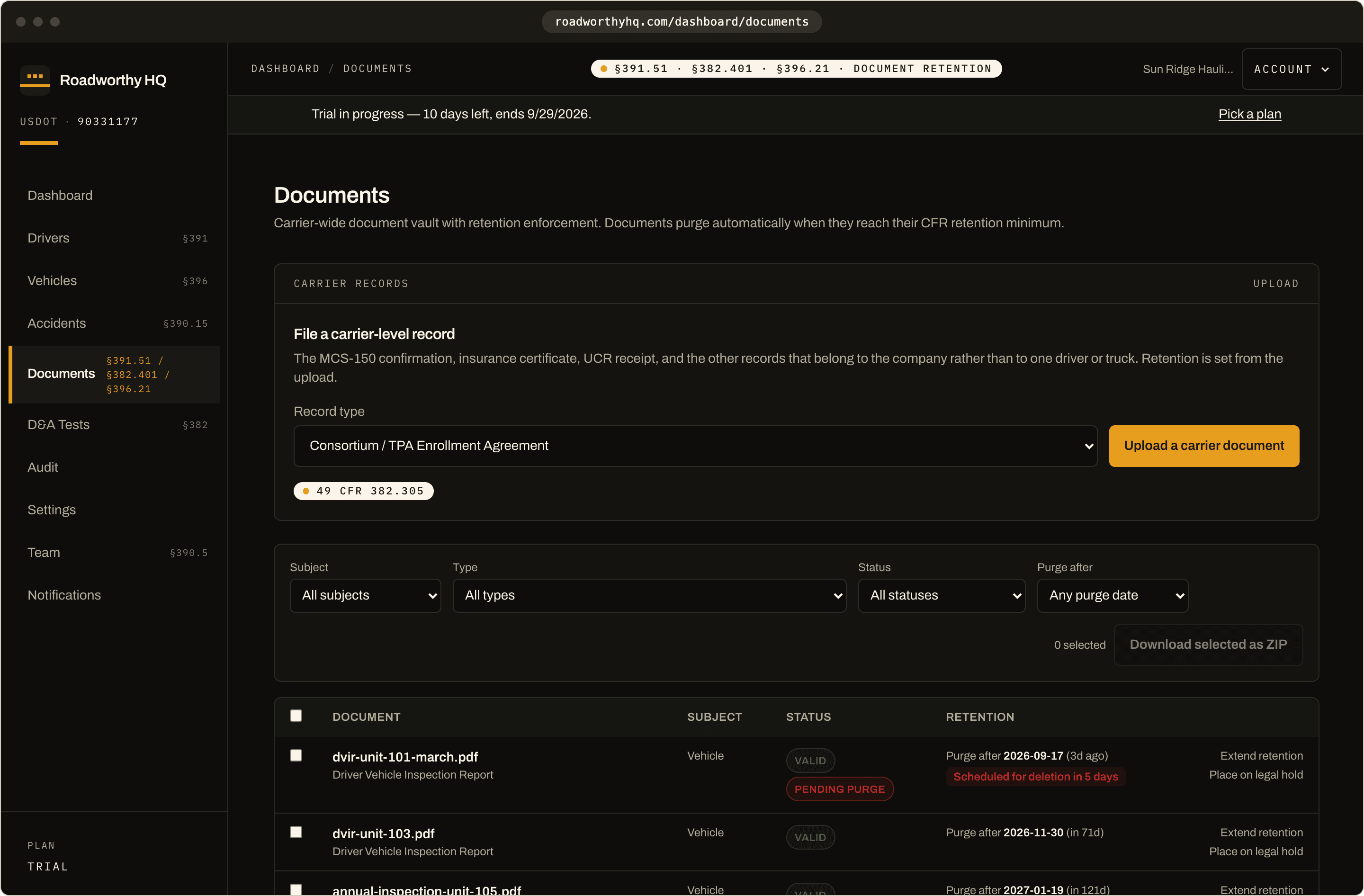 Document vault showing every file's status and purge date computed from its CFR retention window, including a DVIR in its seven-day purge grace window.