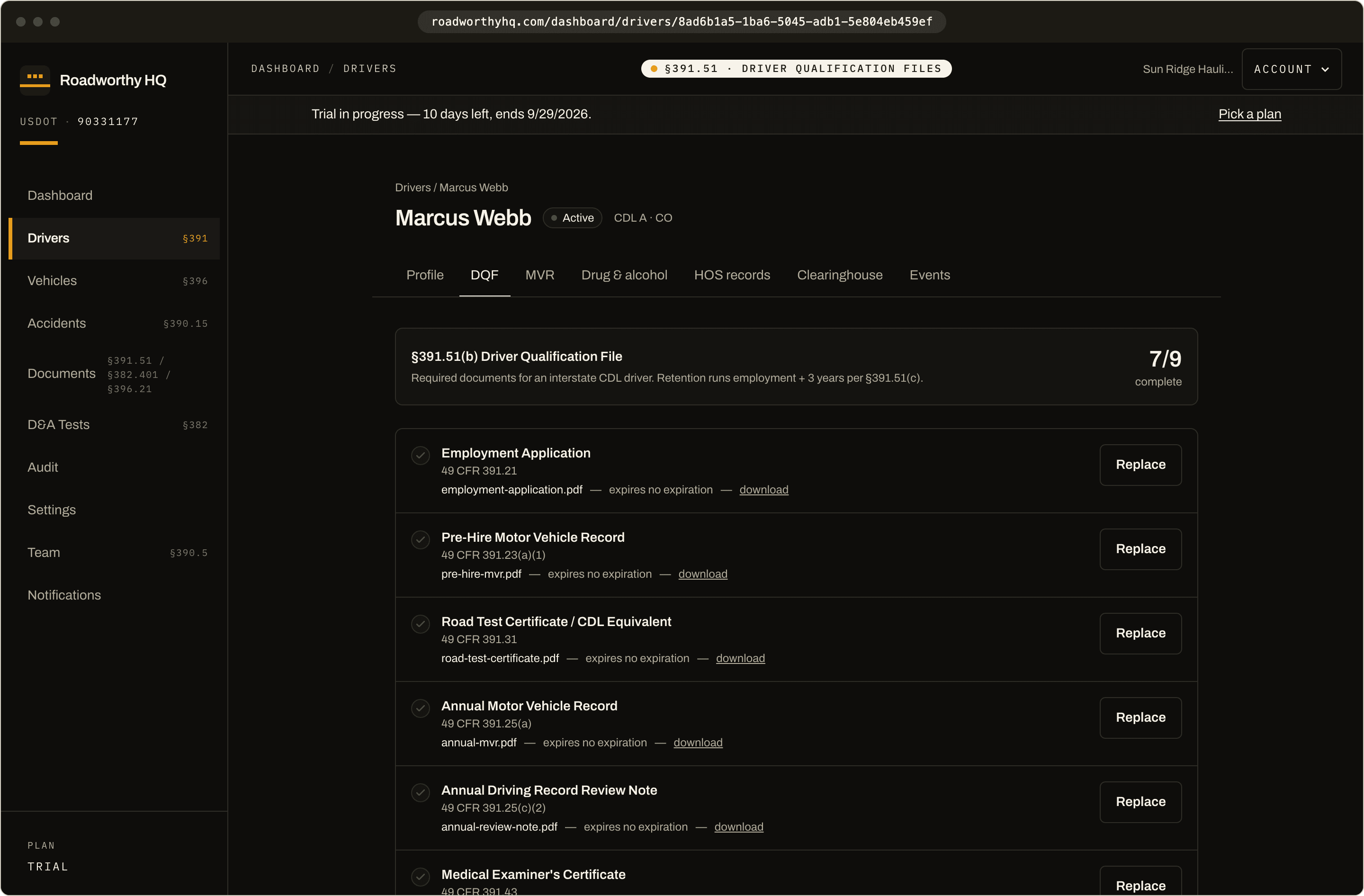 Driver qualification file tab showing the §391.51(b) checklist with completed items, CFR citations, and upload buttons.