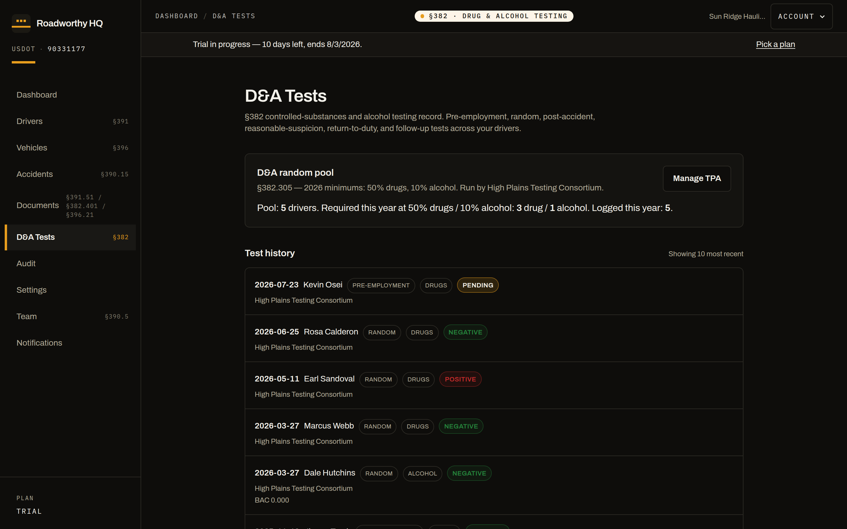 Drug and alcohol program screen showing active random pool at current 382.305 rates with test history