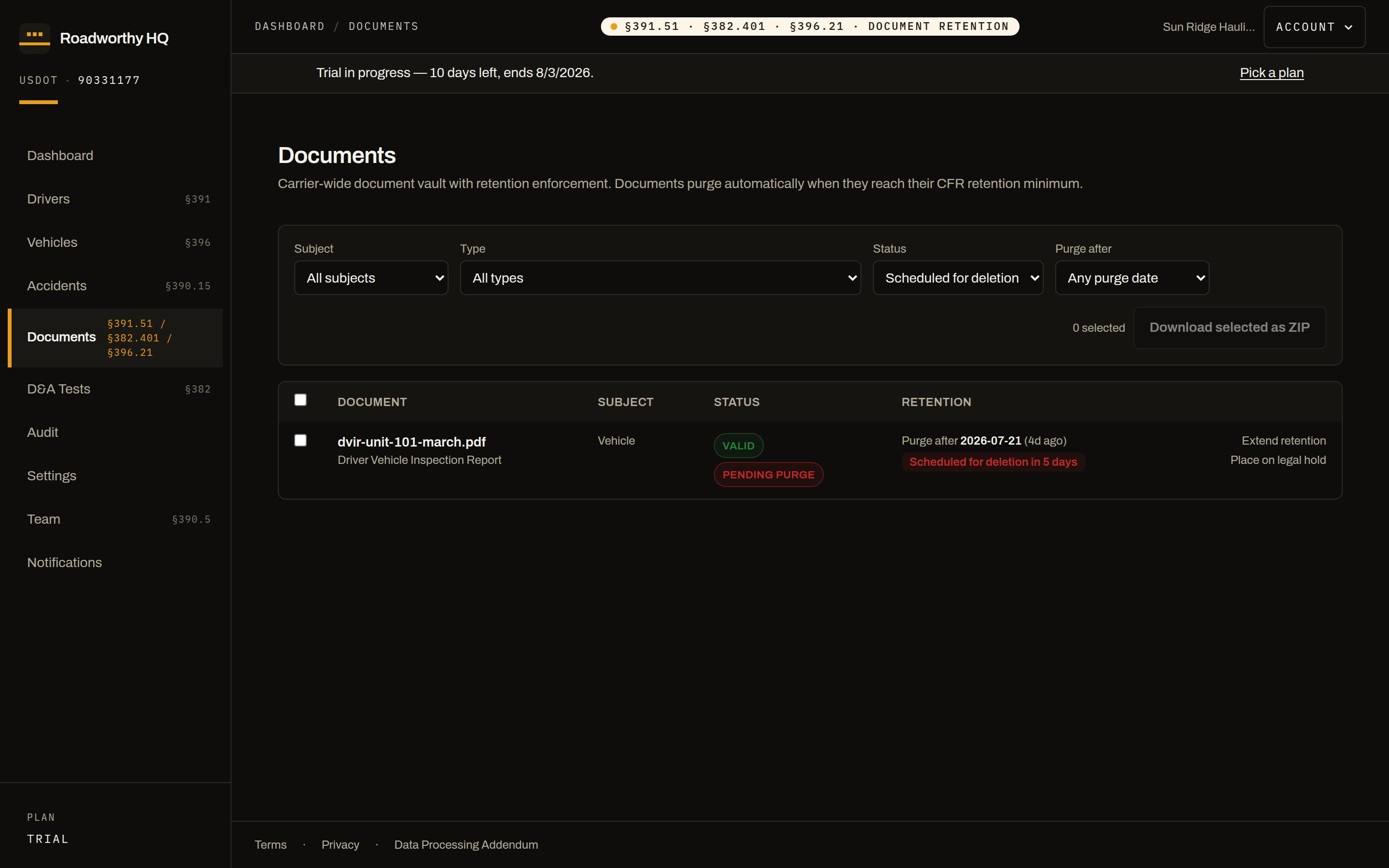 Roadworthy HQ document library filtered to pending purge: a DVIR at the end of its 3-month retention period, sitting in the 7-day grace window before automatic purge