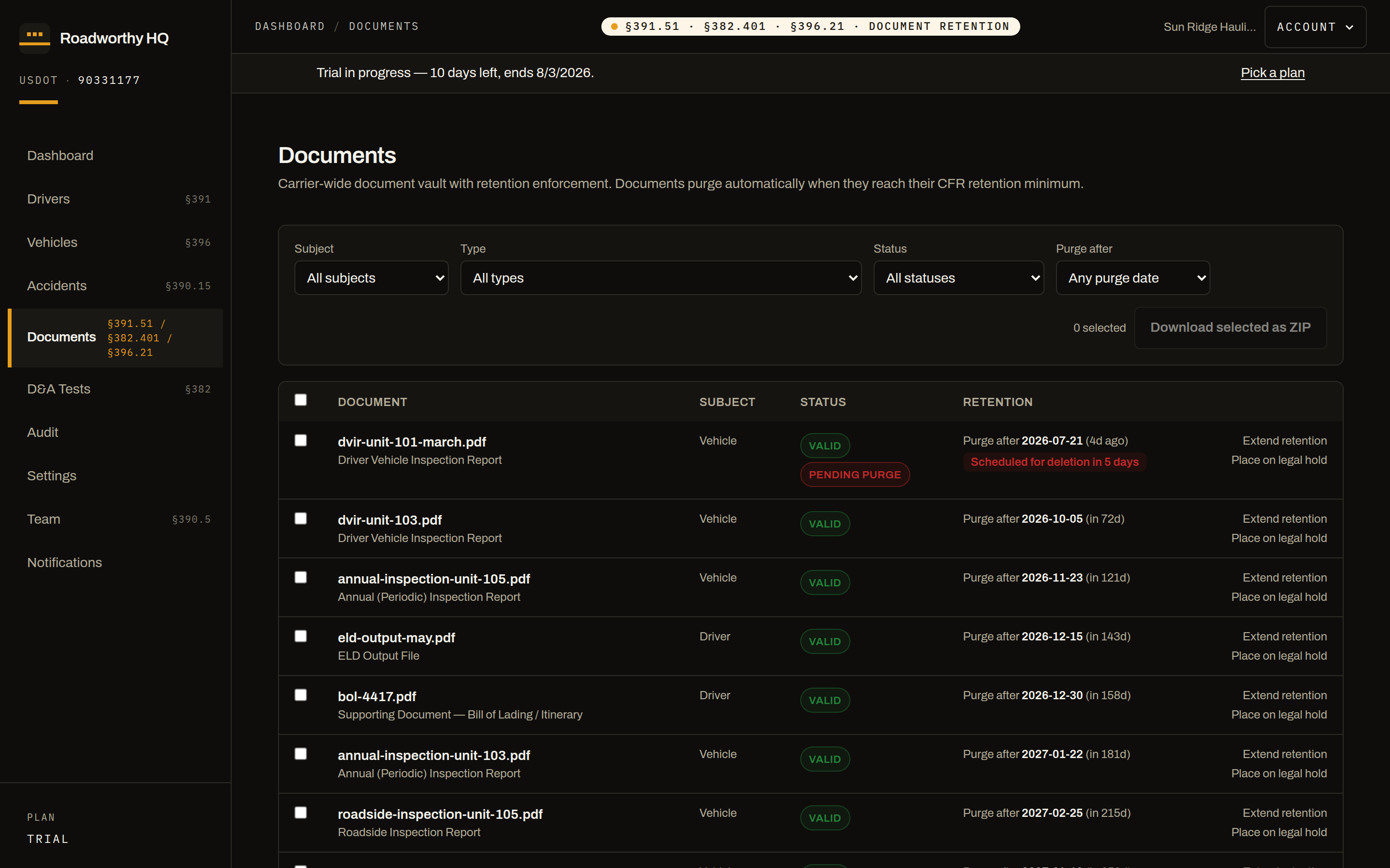 Document vault showing each file with a retention clock computed from its CFR window, plus legal hold and two-step purge controls